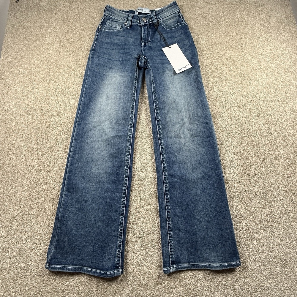 Telepatia Juniors 1/25 Mid Rise Wide Leg Jeans Rhinestone Embroider Pockets - Picture 2 of 10
